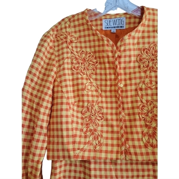 Sue Wong 90s Y2K Clueless Mini Dress Cropped Jacket Set Orange Yellow Gingham - Picture 4 of 10